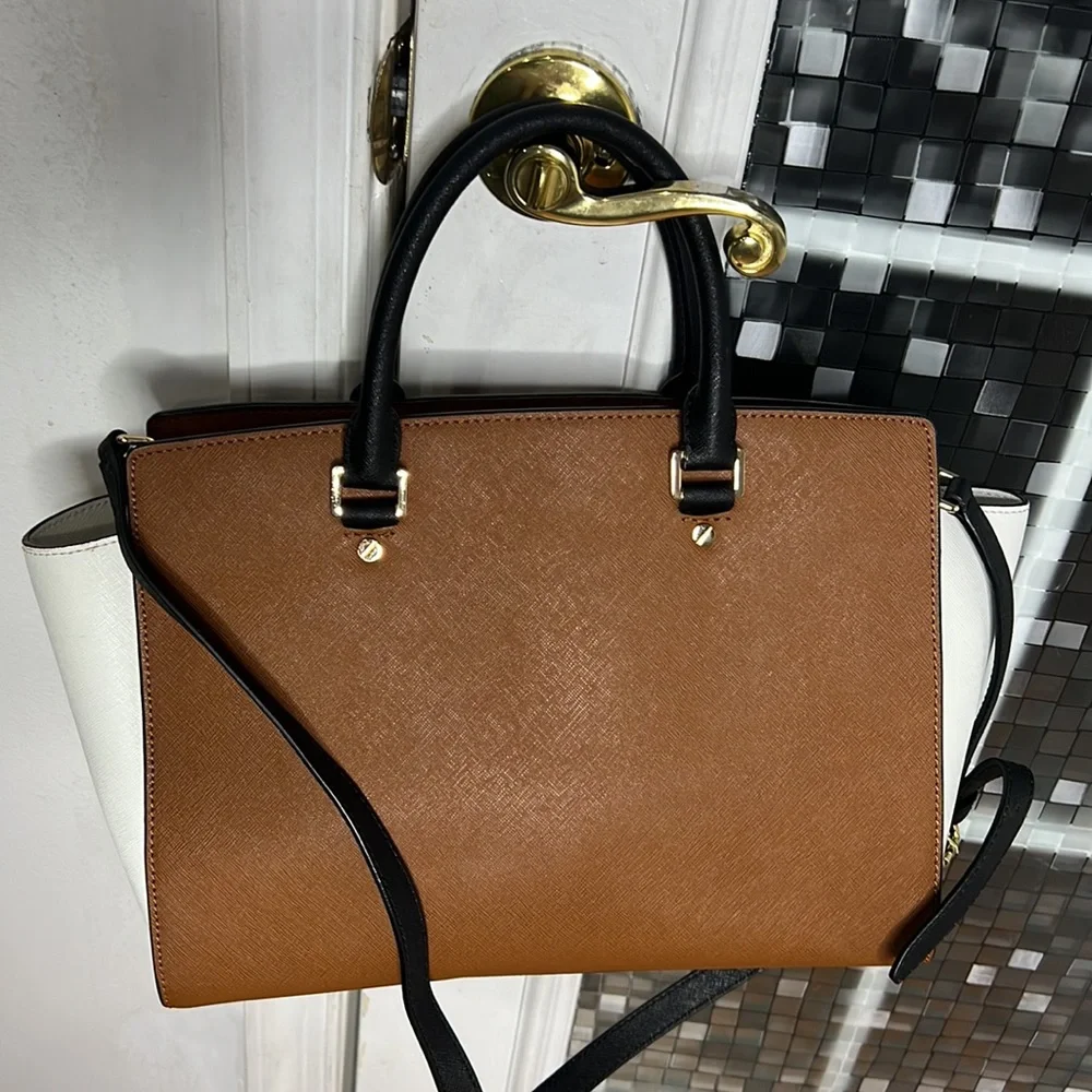 💕 Michael Kors brown black white leather large satchel bag gorgeous 💕